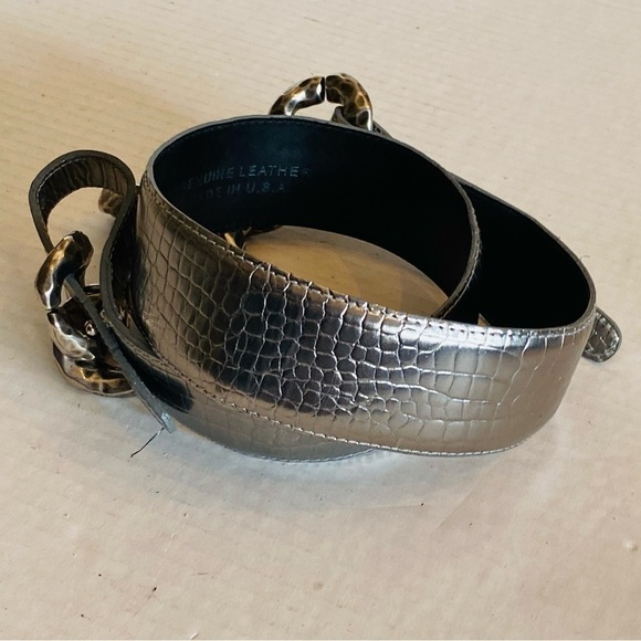 Vintage Sandy Duftler Genuine Leather Silver Gunmetal Metallic Belt L - Picture 9 of 16